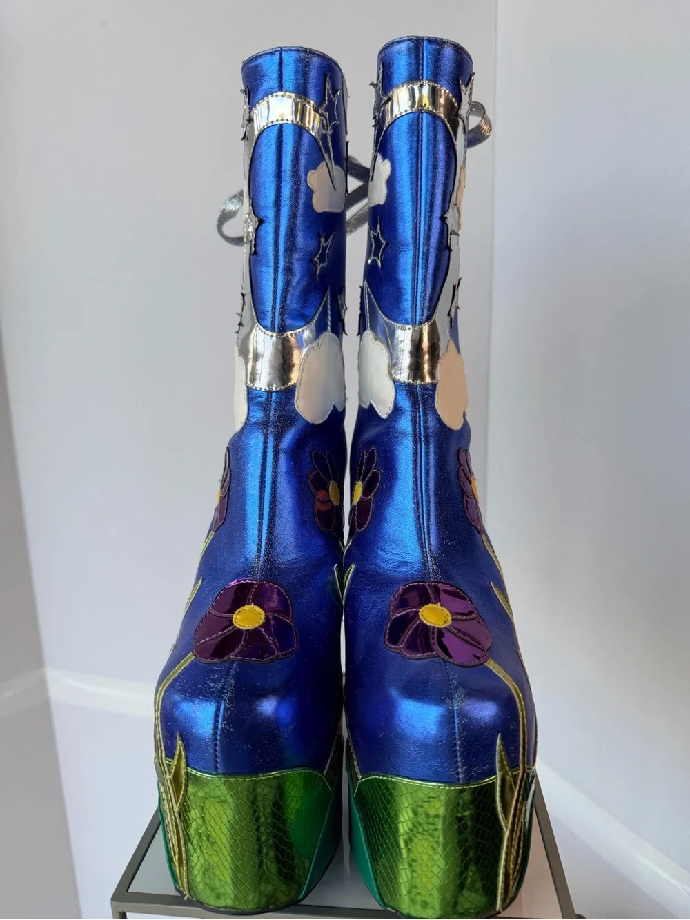 Dolls Kill Metallic Blue Flower & Cloud Platform Boots